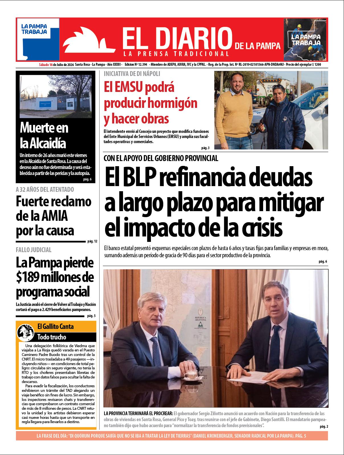 Tapa de El Diario en papel  saacutebado 18 de julio de 2026
